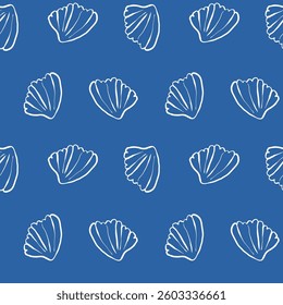 Hand drawn white sea shells scallops blue seamless pattern in doodle sketchy style on blue background. Line art sea shell vector background