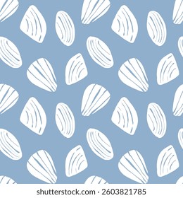 Hand drawn white sea shells scallops blue seamless pattern in doodle sketchy style on blue background. Line art sea shell vector background