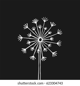 Hand drawn white silhouette dandelion on a black background.