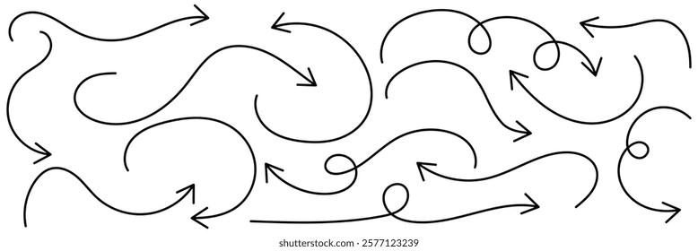 Hand drawn white sketch curvy arrow collection. Set of curvy and wavy thin line arrows isolated. Curve arrow pointer collection. Vector illustration