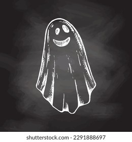 Hand drawn white sketch of ghost isolated on chalkboard  background. Scary white ghost. Happy Halloween. Cute vintage spooky character. Vector illustration for posters, decoration and print.