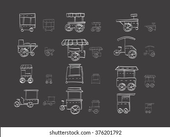 Hand drawn white sketch vector icons for trolley for food on black background. Street trade cart, stall. Sale of coffee, ice cream, hot dog. Doodle design elements. 