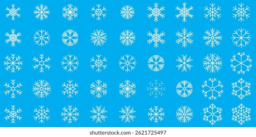 Dibujado a mano colección blanca del icono del Vector del doodle del copo de nieve en el fondo azul. Gran conjunto de iconos de copo de nieve lineal. Conjunto de iconos de copos de nieve azul, silueta de copo de nieve de Navidades. 