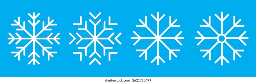 Handgezeichnete weiße Schneeflocke doodle Vektorsymbol-Sammlung auf blauem Hintergrund. Winterschneesymbol. Große Menge linearer Schneeflocken-Symbole. Blaue Schneeflocken Ikone Set, Weihnachten Schneeflocke Silhouette. 