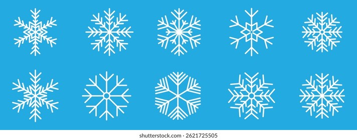 Hand drawn White snowflake doodle vector icon collection on blue background. winter snow symbol. Big set of linear snowflake icons. Blue Snowflakes icon Set, Christmas Snowflake Silhouette. 