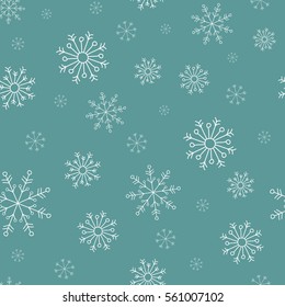 Hand drawn white snowflakes on blue background. winter Christmas seamless pattern. New Year backdrop. Decorative vector ornament for fabric, textile, wrapping paper, card, invitation, web design