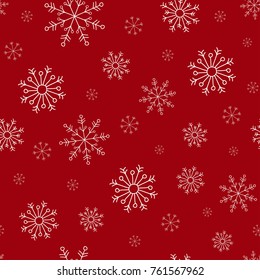 Hand drawn white snowflakes on red background. winter Christmas seamless pattern. New Year backdrop. Decorative vector ornament for fabric, textile, wrapping paper, card, invitation, web design