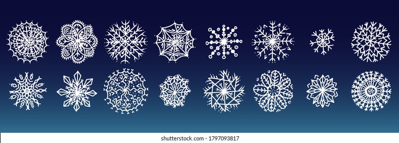Hand drawn white snowflakes. Vector flat illustration for decor, winter holidays, christmas, frozen crystal element, flake of snow, for cold design with warm feelings, isolated silhouette