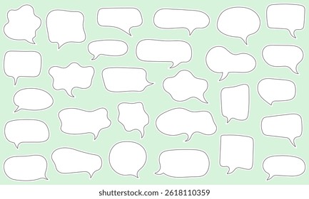 Hand drawn white speech bubble set with black outline on muted mint background. Cartoon doodle style text frames collection. Vector illustration for communication and design concepts.