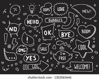 Hand drawn white speech bubbles with words on blackboard