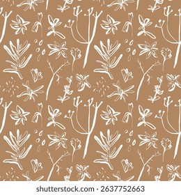 Hand drawn white spice pattern with anise and herbs on brown background in whimsical line art style