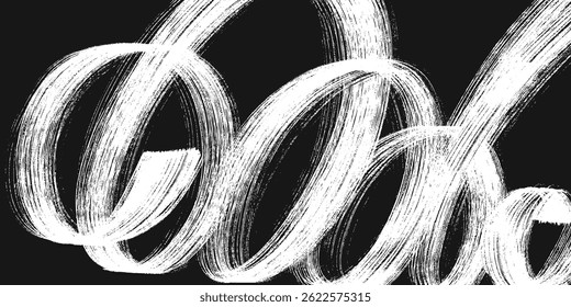 Hand drawn white spiral brush stroke with spray texture. Distress damaged edge old banner with spiral bold line. Vintage poster background. Vector grainy brush strokes texture with scattered tiny dots