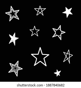 Hand Drawn White Stars Set On Black Background 