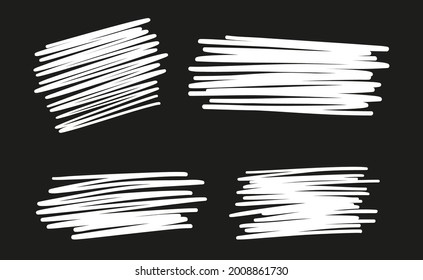 Des traits blancs dessinés à la main sur du noir. Hachure abstraite. Des éléments imbriqués. Écrans à main levée. Illustration en noir et blanc