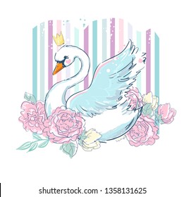 Hand drawn white swan on a colorful background with flowers. Vector