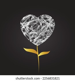 Hand drawn white textured heart with golden leafs