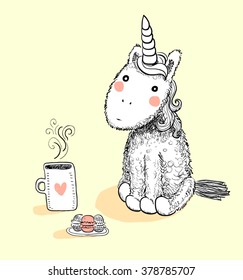 Hand drawn white unicorn on yellow background