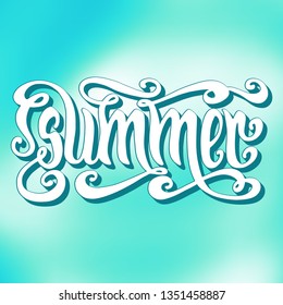 Hand drawn white word Summer over abstract blur blue background. Vector hand typography.