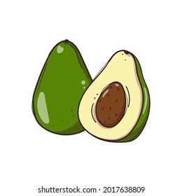 Aguacate entero dibujado a mano con mitad con semilla aislada en fondo blanco