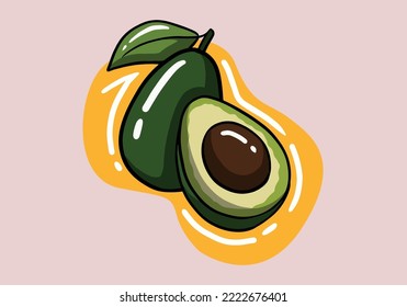 Hand drawn whole avocado with leaf and half with seed isolated on background. Vector illustration.