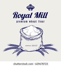 Hand drawn whole bag of wheat flour. Vector premium mill product emblem