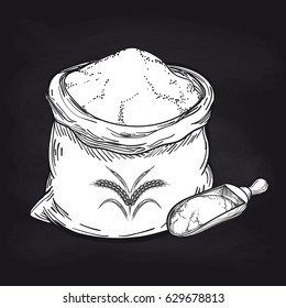 Hand drawn whole bag of wheat flour and wood spoon for flour on blackboard background. Vector illustration