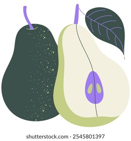 Hand drawn whole and cut pear. Ripe juicy pears. Vegetarian organic food. 