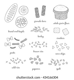 Alimentos de grano entero extraídos a mano aislados de fondo blanco. Pan, bagel, pasta, palomitas, barras de granola, galletas, arroz, espelta, cebada, harina, patatas fritas de maíz.