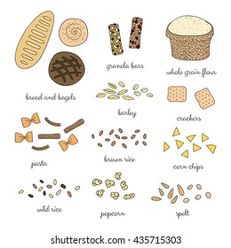 Hand drawn whole grain foods isolated on white background. Bread, bagel, pasta, popcorn, granola bars, crackers, rice, spelt, barley, flour, corn chips.