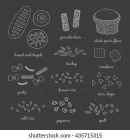 Hand drawn whole grain foods on the blackboard. Bread, bagel, pasta, popcorn, granola bars, crackers, rice, spelt, barley, flour, corn chips.