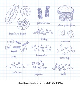 Hand drawn whole grain foods on graph paper background. Bread, bagel, pasta, popcorn, granola bars, crackers, rice, spelt, barley, flour, corn chips.
