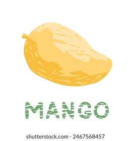 Hand drawn whole mango and text isolated on white. Modern textured drawing, color sketch with lettering of grunge style. Vector clipart for exotic fruit illustration, tropical design.