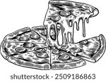Hand drawn Whole Pepperoni Pizza Slice Cheese Pull Sketch Illustration Engraving Woodcut Vintage Style
