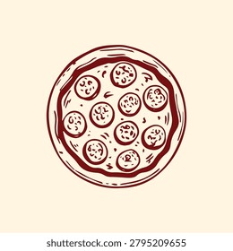 Hand drawn whole pizza line art illustration. Classic Italian food sketch for restaurant menus, food branding, packaging, stickers, and culinary projects.
