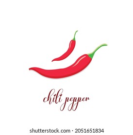 Hand drawn whole red chili pepper with caption, sketch style vector illustration on white background. Realistic hand drawing of whole ripe red chili pepper with legend