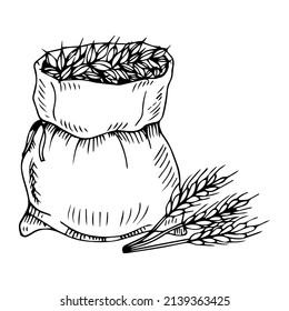 Hand drawn whole sack of wheat flour and grain isolated on white background. Vector illustration