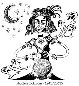Hand drawn Wicca magic crystal ball. Boho chic line art tattoo, poster or altar veil print design.
Creepy cute vector illustration. 