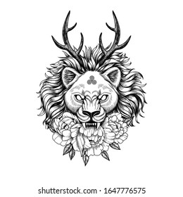 Hand drawn wiccan lion with flowers and horns