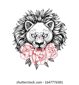 Hand drawn wiccan lion with flowers