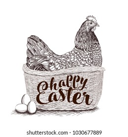 Hand drawn wicker basket with Easter Chicken, eggs and Happy Easter lettering isolated on white background