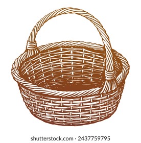 Hand drawn wicker basket empty. Sketch vintage vector illustration