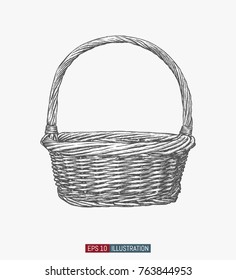 Handgezogener Korb aus Korbweide. Vektorillustration mit Gravur. Vorlage für Ihr Design funktioniert.