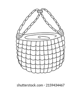 Cesta de mimbre dibujada a mano para un picnic o flores aisladas en un fondo blanco. Doodle, simple ilustración de contorno. Se puede usar para la decoración de textiles, papel.