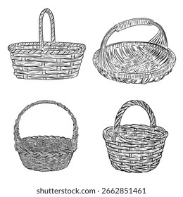 Cestas de mimbre dibujadas a mano Ilustración de boceto de Vector de Colección