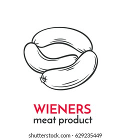Hand drawn wieners icon. Vector badge meat product sketch style for brochures, banner, packaging menu and market