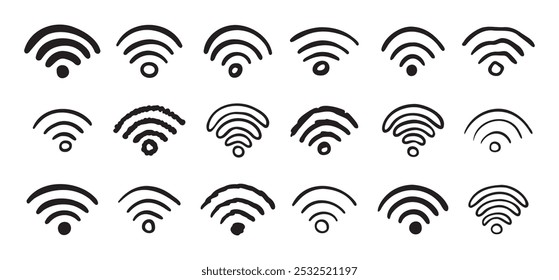 Conjunto de ícones wifi desenhado à mão. doodle wi fi sign collection. Desenho Wi-Fi. Ilustração vetorial