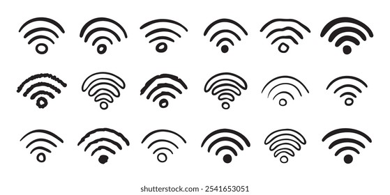 Conjunto de iconos wifi dibujados a mano. colección de señal de doodle wi fi. Dibujo de Wi-Fi. Ilustración vectorial