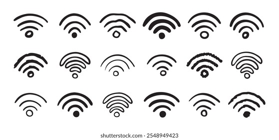 Conjunto de ícones wifi desenhado à mão. doodle wi fi sign collection. Desenho Wi-Fi. Ilustração vetorial