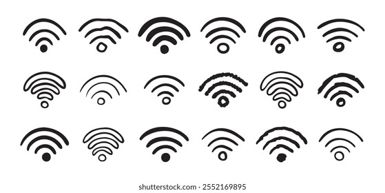 Conjunto de ícones wifi desenhado à mão. doodle wi fi sign collection. Desenho Wi-Fi. Ilustração vetorial