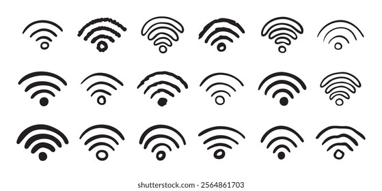 Hand drawn wifi icon set. doodle wi fi sign collection. Drawing Wi-Fi. Vector illustration